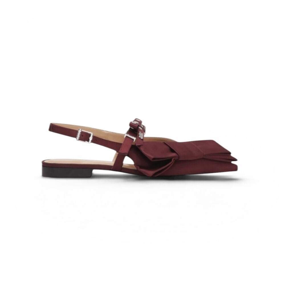 Ganni Big Bow Pointed Slingback Flat Burgundy Shoes – EU38/US8